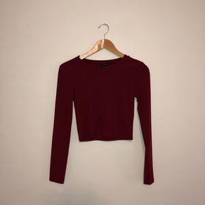 Forever 21 Ribbed Maroon Cropped Long Sleeve Shirt